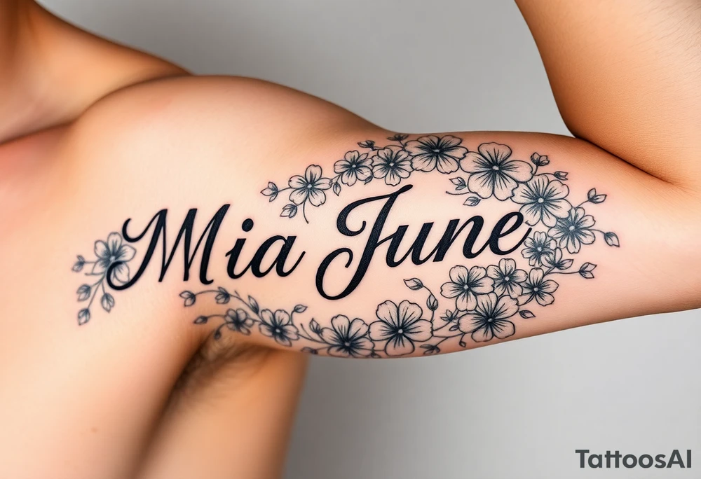 The name Mia June, surrounded by lots of flowers and shamrocks tattoo idea
