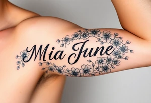 The name Mia June, surrounded by lots of flowers and shamrocks tattoo idea