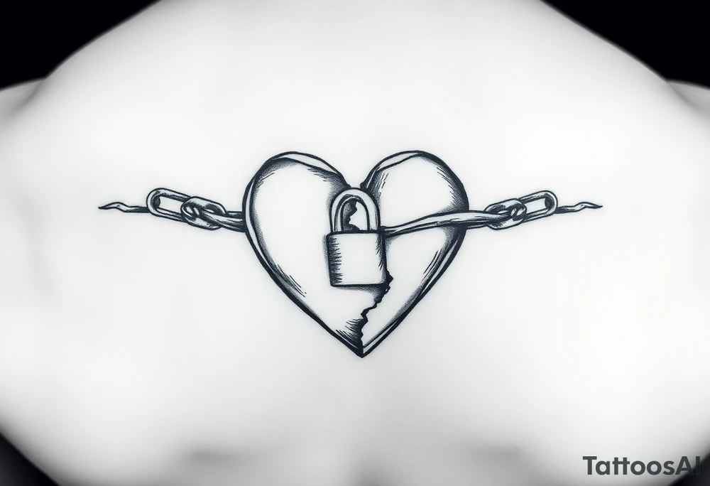 A small broken heart with a chain with a lock going across it trying to heal tattoo idea