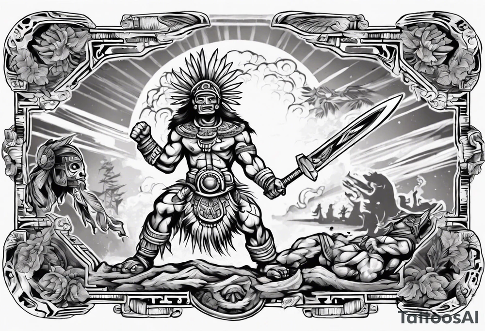 tattoo mayan warrior fighting against the gods as the sunrise from the ground tattoo idea