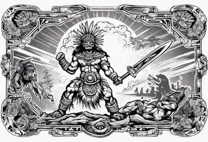tattoo mayan warrior fighting against the gods as the sunrise from the ground tattoo idea