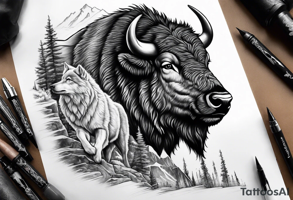 Montana mountains cowboy bison wolf leg sleeve tattoo idea