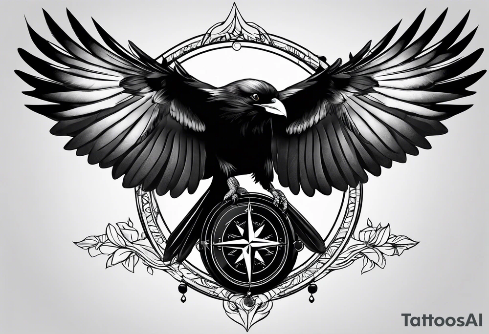 flying crow with compass tattoo idea