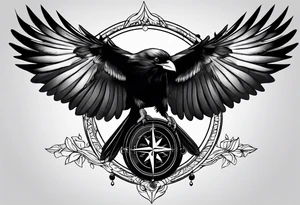 flying crow with compass tattoo idea