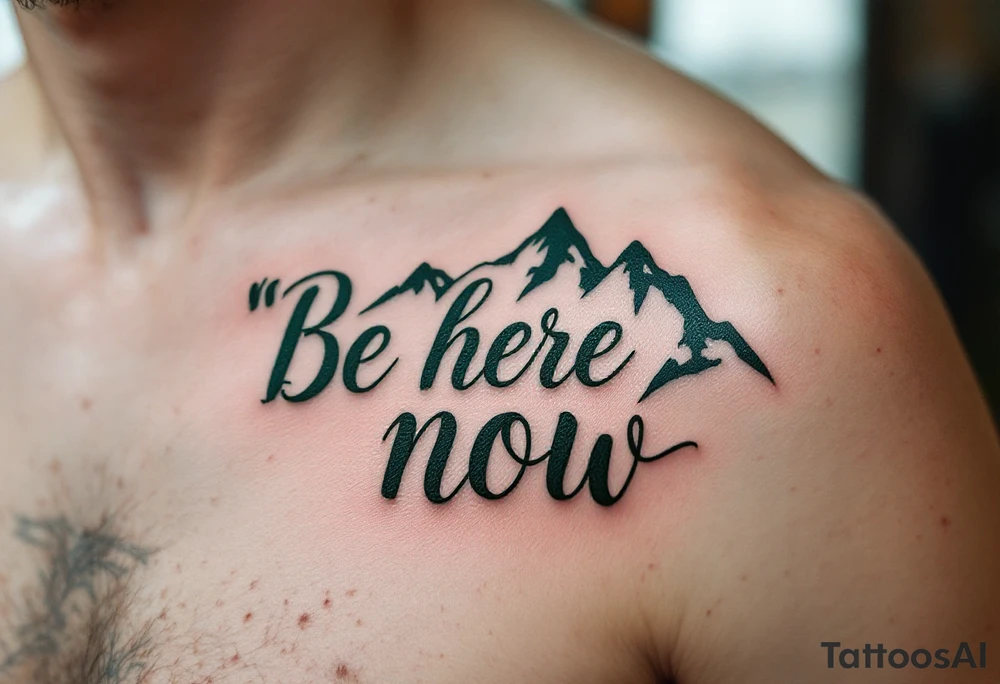 “Be here now” in deep forest green sans serif, with mountain outlines in cool slate. tattoo idea