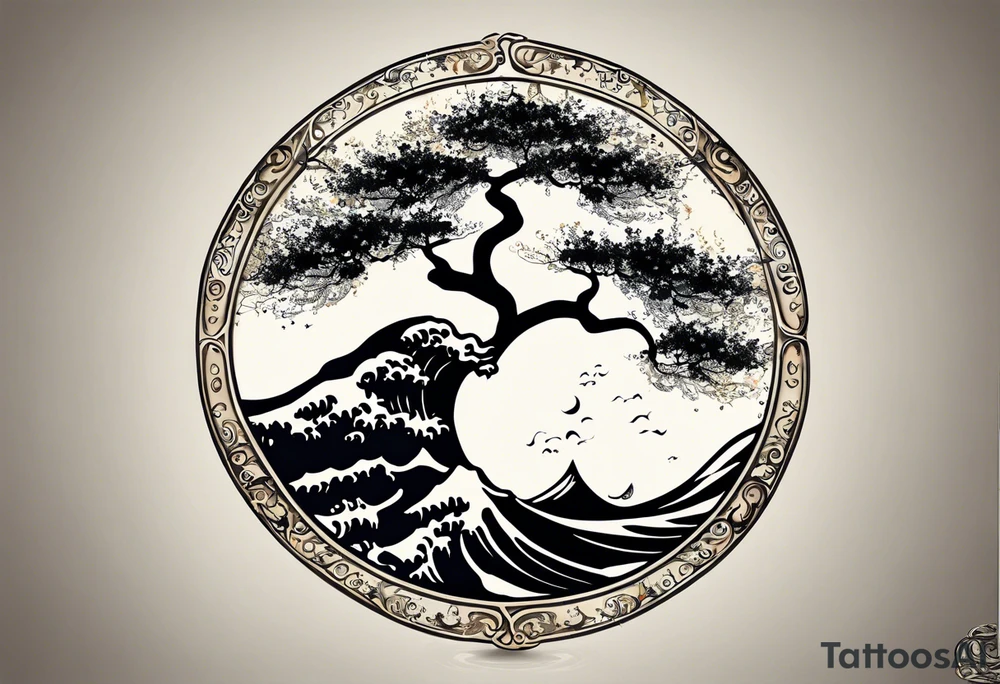 an abstract Tree of Life tattoo. It should have roots growing out of the bottom. The roots slowly turn into water from the Great Wave by Hokusai. A golf flag should be placed discreetly growing out of the ground. 2 license plate tags should be hanging from the tree. Place a few music notes in the areas the leaves should be. The letters A U should be engraved into the tree trunk in a heart. tattoo idea