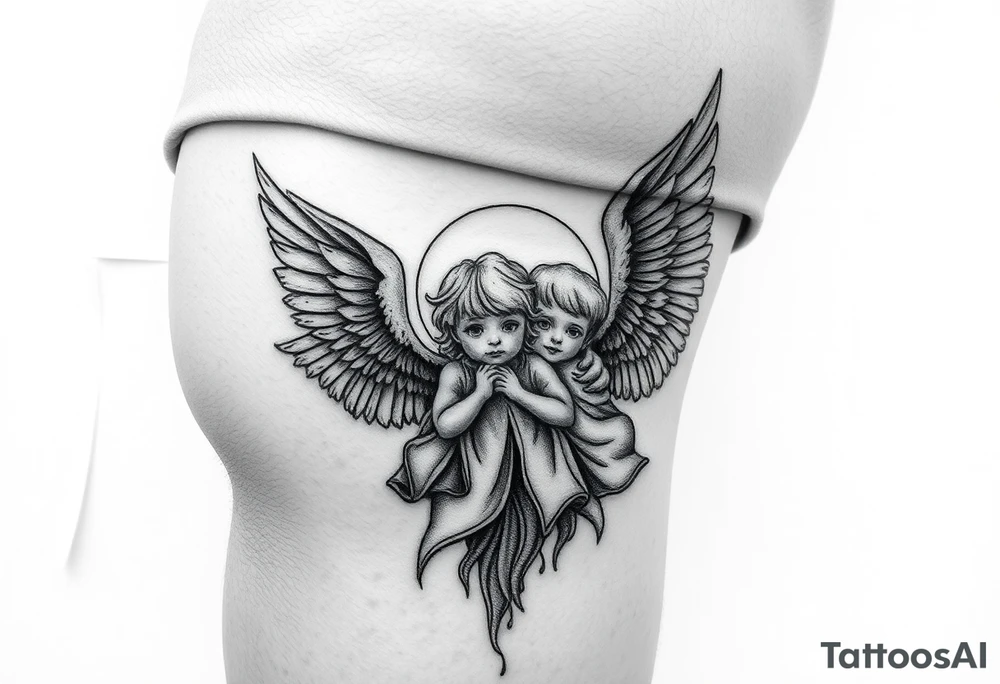 Tatoo down side to thigh, something with angels and kids tattoo idea