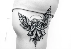 Tatoo down side to thigh, something with angels and kids tattoo idea