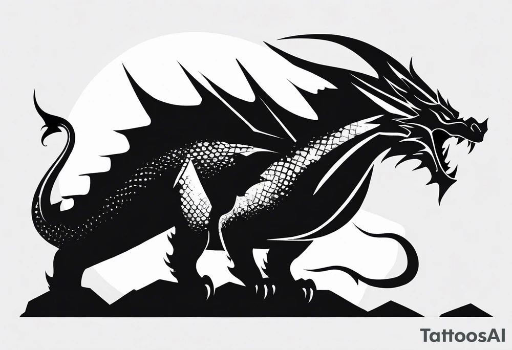 A black-and-white silhouette of a legendary, fearsome dragon with sharp, angular scales and a wide open mouth, breathing intense fire. The dragon is perched on a rocky outcrop, its form outlined in bold black, with the fire coming from its mouth represented by jagged, sharp lines, creating a dynamic contrast against the white background. The rocky outcrop is depicted with angular, abstract shapes, all in solid black. The sky is dark and cloudy, with swirling shapes and clouds outlined in bold black against the white backdrop, adding a sense of foreboding and power. The entire image focuses on strong contrasts, with no shading or gradients, capturing the fearsome energy of the dragon. tattoo idea