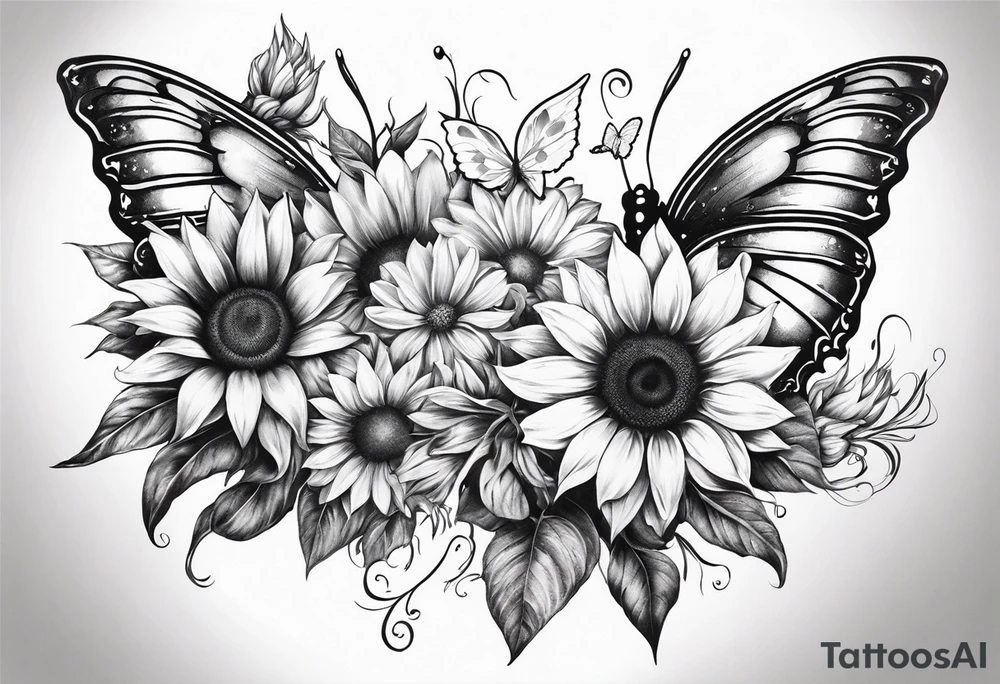 Sleeve with angel wings, sunflower and butterfly tattoo idea