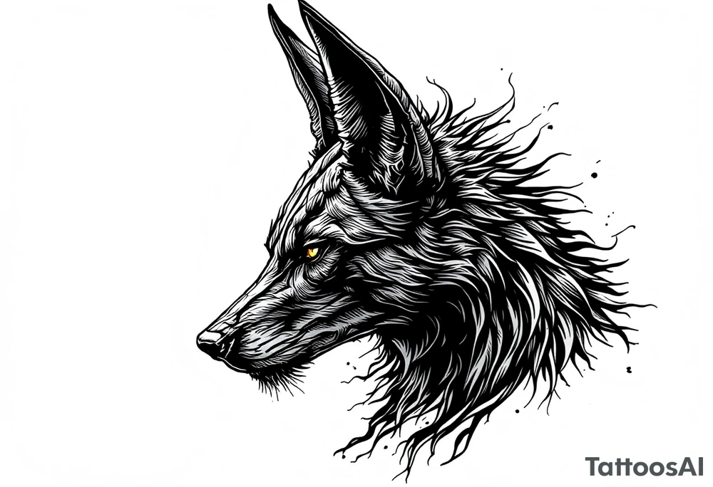 a creature that looks strongly like a combination of Anubis, and a black hound, with the tall pointy ears of a jackal, looking back, serious and daring tattoo idea