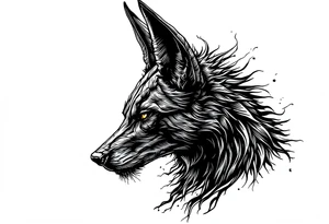 a creature that looks strongly like a combination of Anubis, and a black hound, with the tall pointy ears of a jackal, looking back, serious and daring tattoo idea