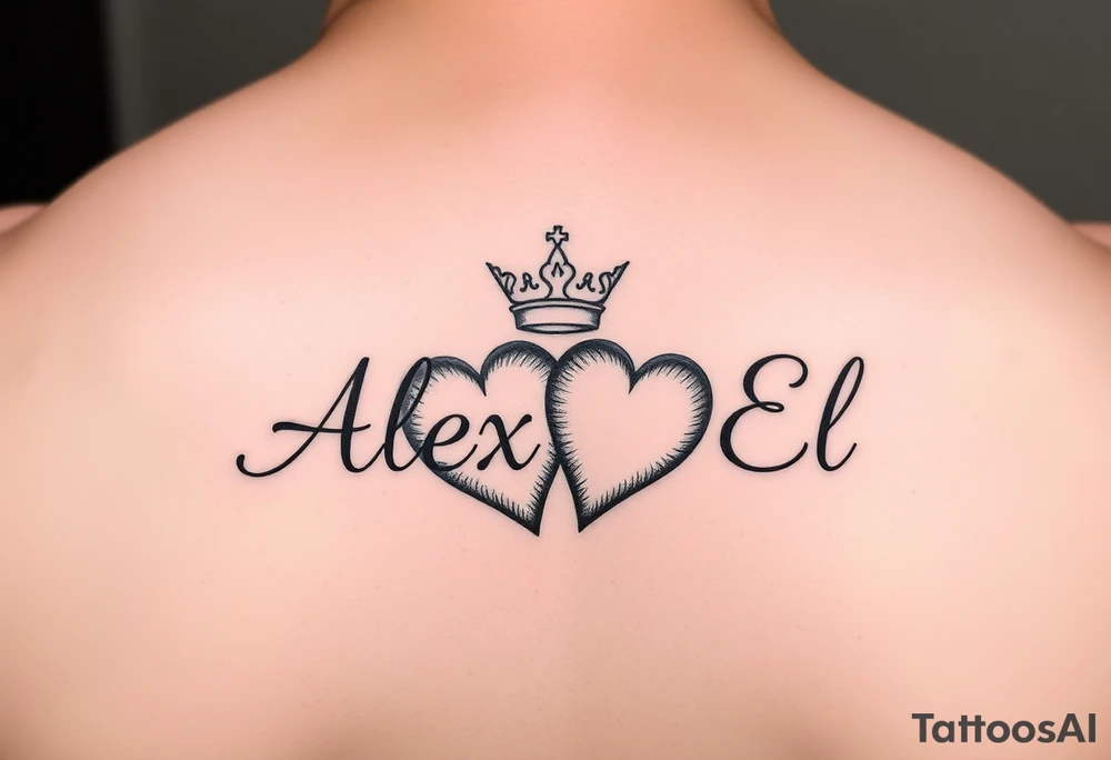 the name Alex and El in two hearts with crown tattoo idea