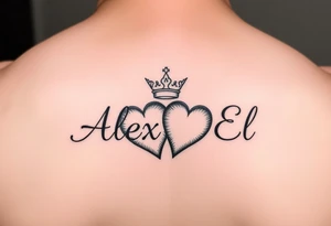 the name Alex and El in two hearts with crown tattoo idea