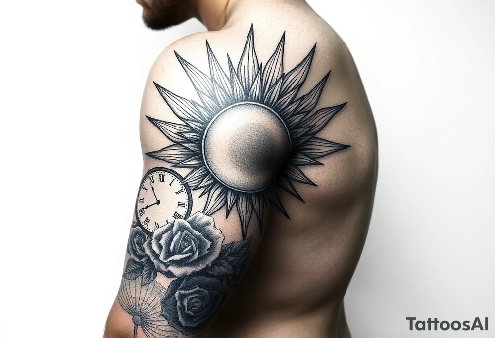 Shoulder sun with rays with a clock on elbows with roses tattoo idea