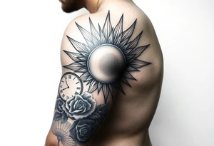 Shoulder sun with rays with a clock on elbows with roses tattoo idea