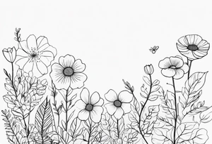 fine line  flowers surrrounded by greenary with powerful words some where in the tattoo more minimalist tattoo idea