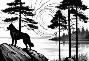 Sleeve tattoo windswept pine tree before lake with low rock face on another side of lake. Mastiff dog silhouette in foreground. tattoo idea