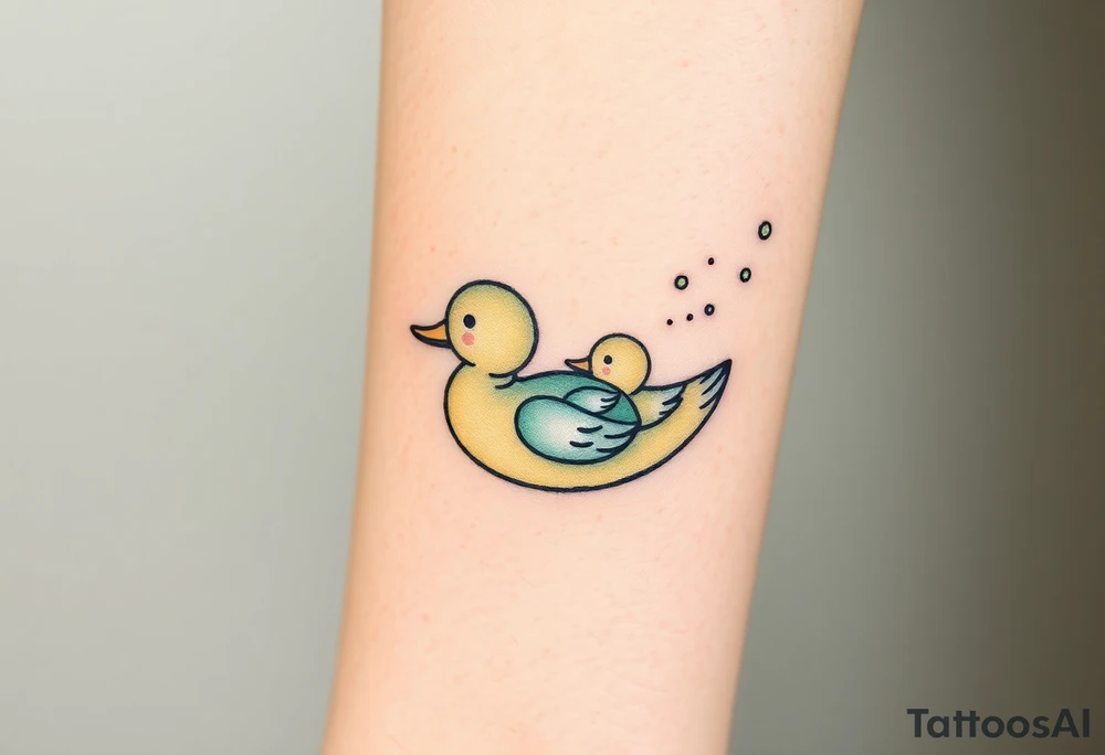 A mother and baby duck swimming together, leaving trails of tiny bubbles, in sea-green and sandy beige tones, representing lifelong guidance and patience tattoo idea