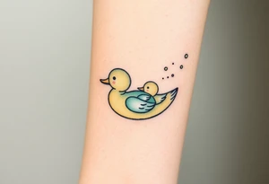 A mother and baby duck swimming together, leaving trails of tiny bubbles, in sea-green and sandy beige tones, representing lifelong guidance and patience tattoo idea