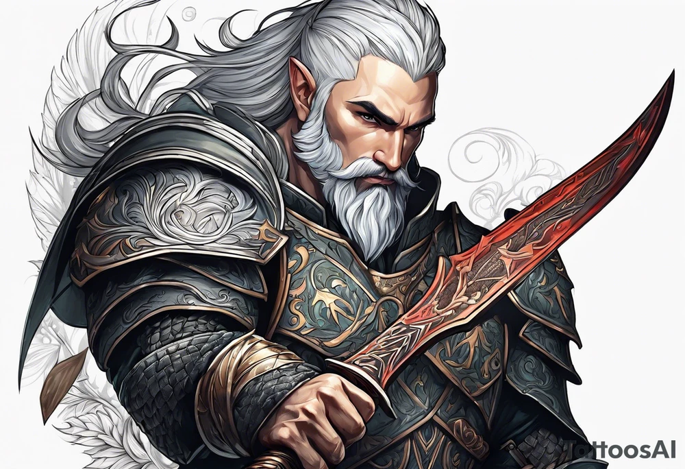 a full-body picture of a 30-year-old, human elf, bearded bald male, paladin, holding a battle axe, tattoo idea