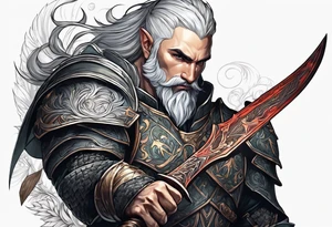 a full-body picture of a 30-year-old, human elf, bearded bald male, paladin, holding a battle axe, tattoo idea