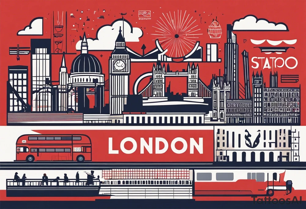 A minimalistic, abstract design capturing the architectural essence and vibe of London. Key elements of London’s skyline and structure are hinted at with clean lines, and subtle detailing includes personal touches, like a nod to Feid’s signature look (hat, glasses, mustache), integrated discreetly to honor a memorable concert experience. tattoo idea