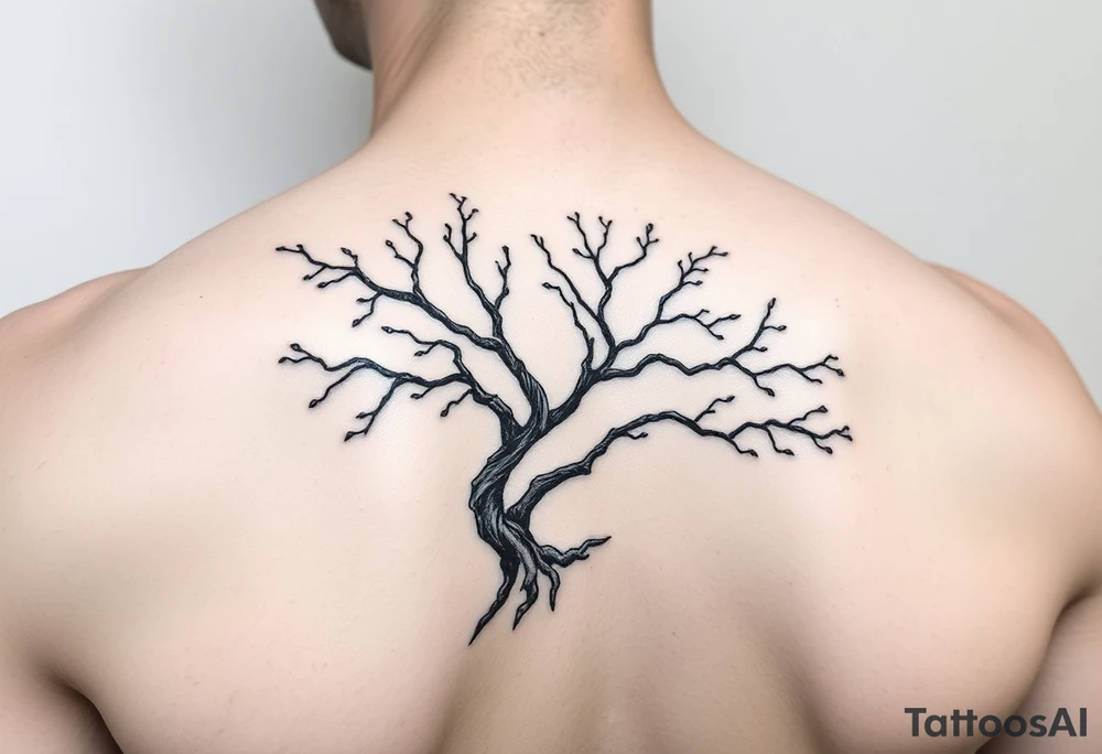 Flowing asymmetrical symbolic tree quarter sleeve on shoulder. Bold and simple branches that do not look realistic. tattoo idea