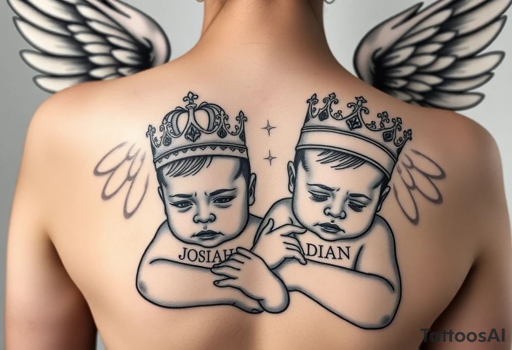 powerful beautiful realistic Women Angel with 2 baby boys one slightly older then the other  both boys wearki g king crowns with the names JOSIAH  and under name JOSIAH  romen numerals 7-06-2021 & the other younger baby in his crown saying ADIAN and under his name 3-10-2023 in romen numerals with women angel hugging both of the 2 baby  boys with both tattoo idea
