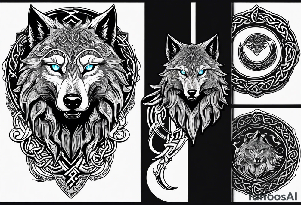A powerful tattoo design combining Nordic, Greek, and Celtic symbols to represent someone who made you believe in humanity's goodness, only to turn out to be its ultimate betrayer. The centerpiece is a snarling wolf, symbolizing Fenrir, with glowing eyes and an open mouth, representing betrayal and destruction. Surrounding the wolf is the Ouroboros, a serpent eating its own tail, symbolizing the endless cycle of trust and betrayal. The Triskelion, with its three interlocking spirals, appears in the background or as a border, representing the shifting balance between light and dark. Incorporate fire and ice elements to reflect the contrast between warmth (trust) and coldness (betrayal), with Celtic knotwork and runes adding ancient, mystical depth to the design. tattoo idea