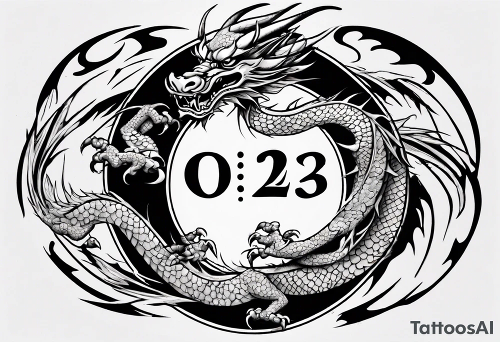 Chinese dragon in a circular shape with "02.03" written on its skin tattoo idea
