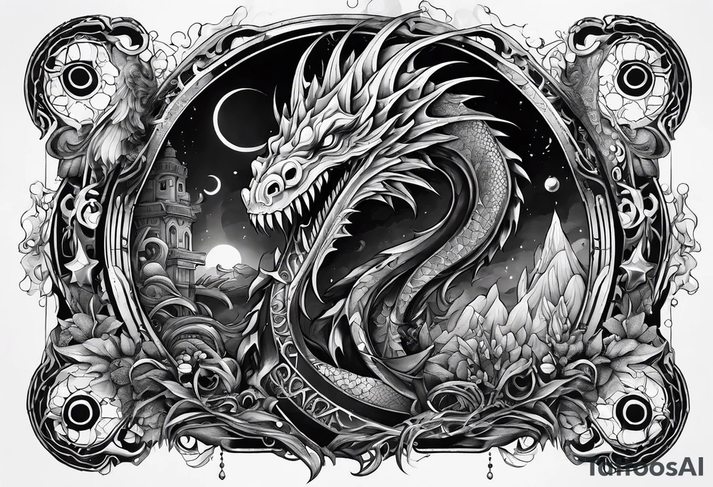 Lovecraftian creature, flowing into more futuristic technology elements. Half sleeve on arm. tattoo idea