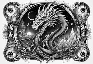 Lovecraftian creature, flowing into more futuristic technology elements. Half sleeve on arm. tattoo idea