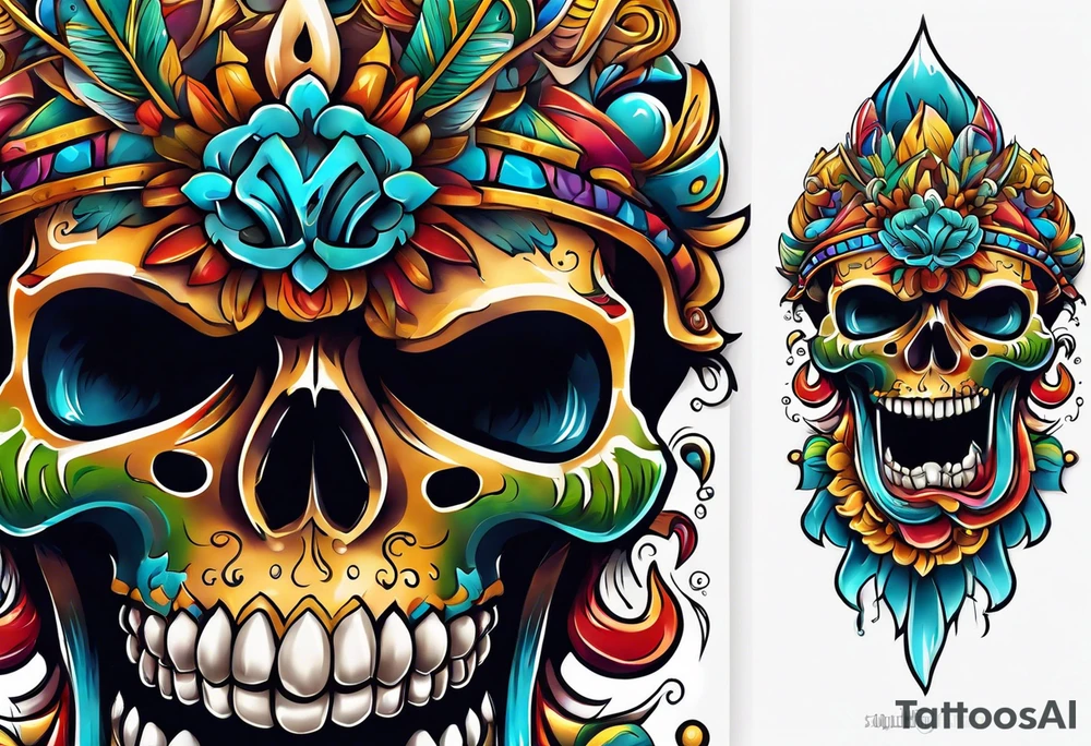 Colorful Mayan scull with water coming out of open mouth tattoo idea