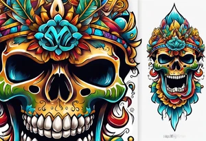 Colorful Mayan scull with water coming out of open mouth tattoo idea