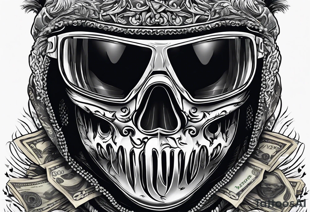 Ski mask biting a handful of money tattoo idea