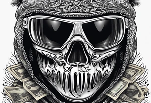 Ski mask biting a handful of money tattoo idea