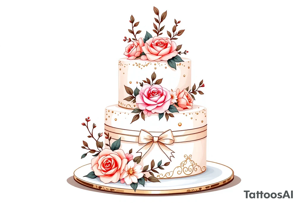 A vintage-style wedding cake with three tiers, adorned with floral accents (roses, hydrangeas), and topped with a small, delicate bow. Ivory cake with soft pink and peach flowers, gold accents, and a light cream ribbon. tattoo idea