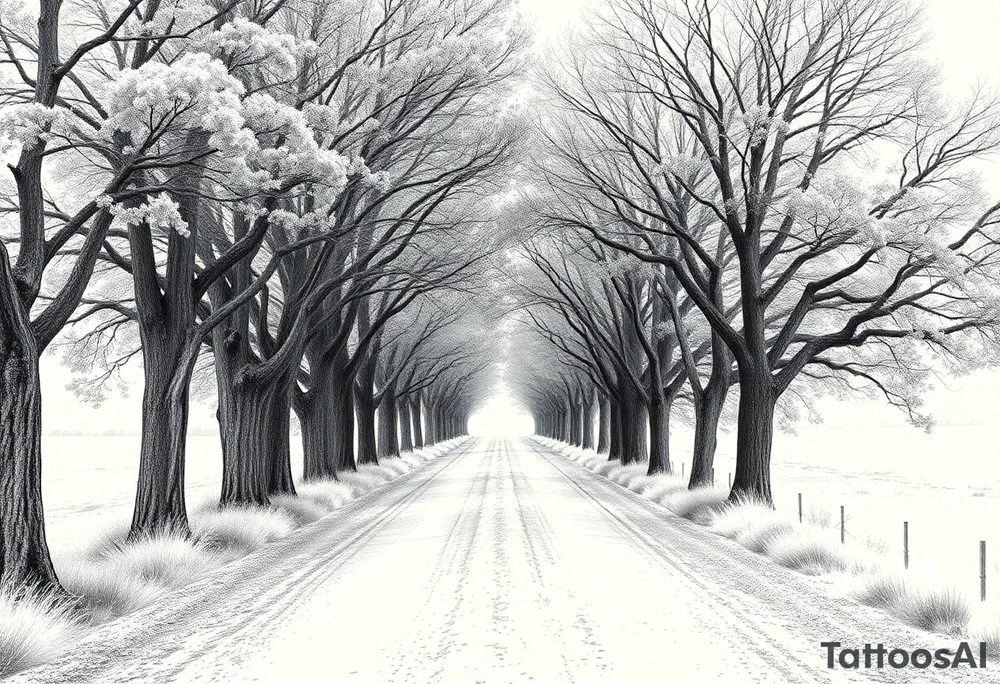 Tree-lined dirt road. Road is rough, little shoulder. Deciduous trees arch across it, meeting in the middle. 

Road should be rougher, more rural. Branches start lower. The trees in the foreground should be bigger — perspective has road getting smaller. 

Make the trees leafier. Branches begin lower on the trunk. 

Much leafier trees. Summer. Can’t see much behind the trees 

Make the trees oak tattoo idea