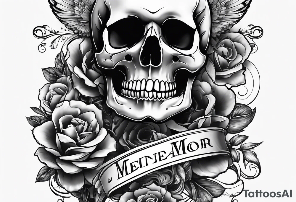 skull sleeve tattoo with memento mori written on it tattoo idea