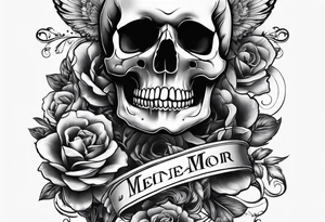 skull  sleeve tattoo with memento mori written on it tattoo idea
