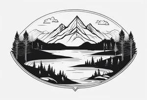 Design a symmetrical tattoo featuring a serene mountain landscape with a winding river and delicate trees, creating a balanced and harmonious composition tattoo idea