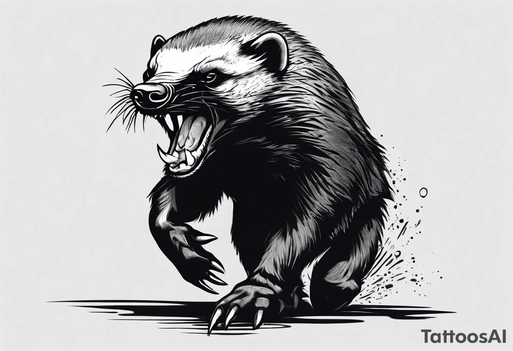 An angry, snarling, detailed honey badger with its face forward and paws spread tattoo idea