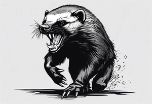 An angry, snarling, detailed honey badger with its face forward and paws spread tattoo idea