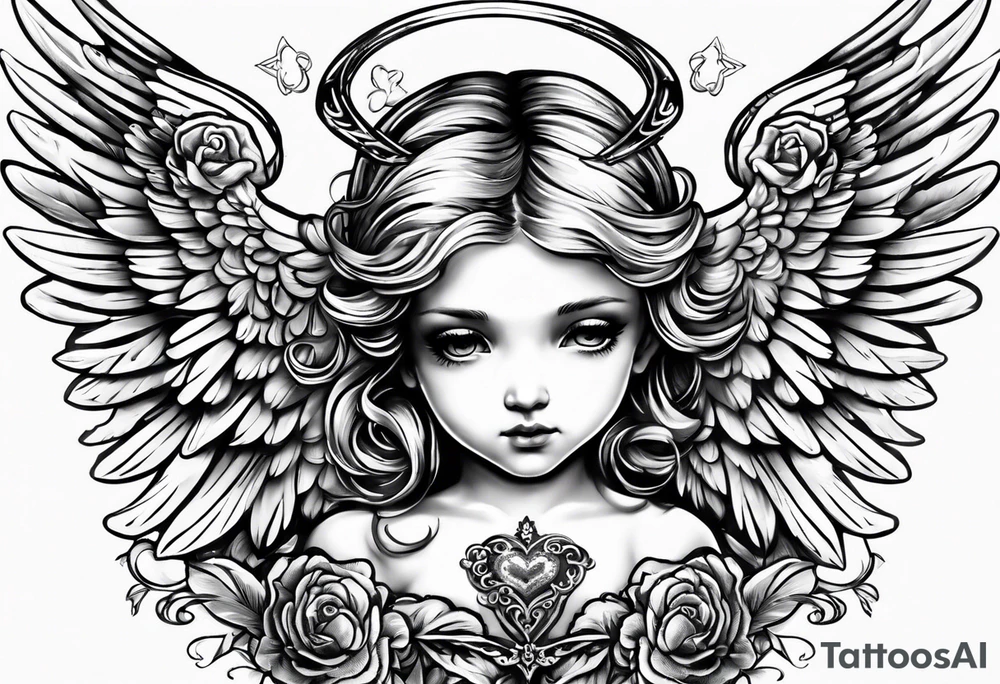 small angel with wings and heart on hands tattoo idea