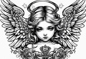 small angel with wings and heart on hands tattoo idea