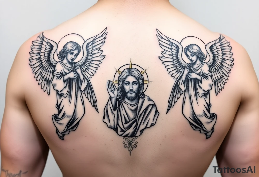 russian orthodox symmetrical guardian angel icon on left and right side of back with both angels holding up a jesus potrait tattoo idea