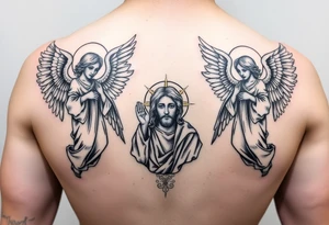 russian orthodox symmetrical guardian angel icon on left and right side of back with both angels holding up a jesus potrait tattoo idea