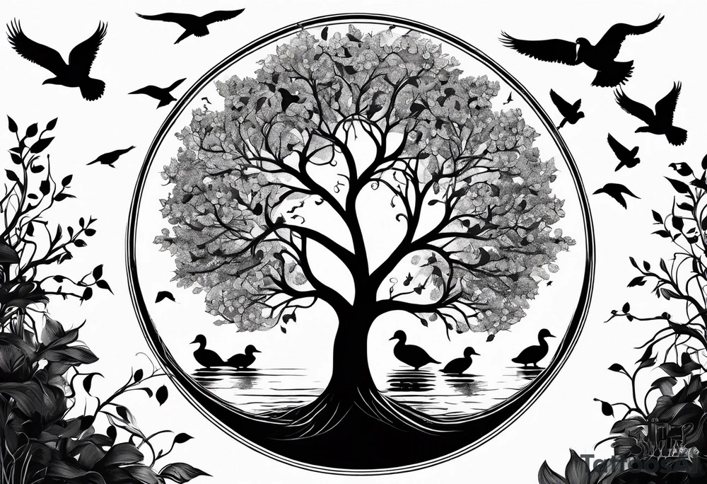 Tree of life in an open circle with birds flying off representing family members. Duck on a pond below tattoo idea