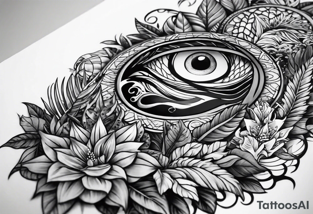 full arm sleeve tattoo with all-seeing eye and jungle plants tattoo idea